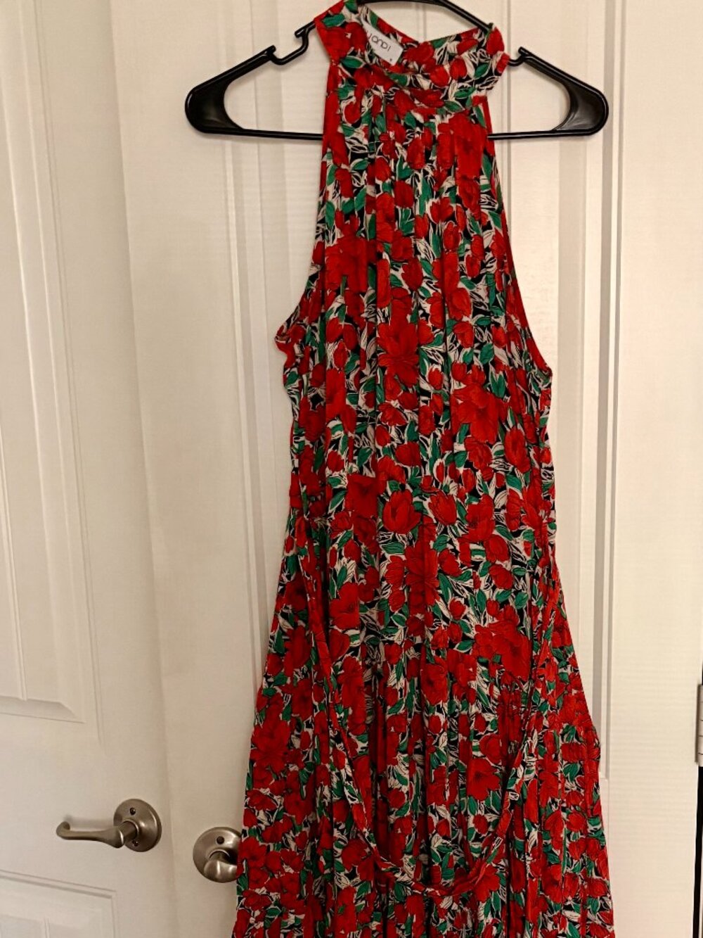 Ebby and I Red Floral Tiered Halter Maxi Dress Gold Button Australian Boho 8